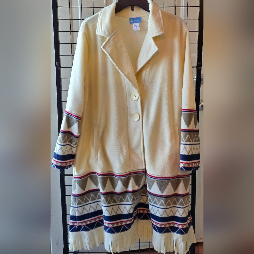 Vintage KORET Cream-Colored Coat with a Southwestern Pattern and Fringe Accents
